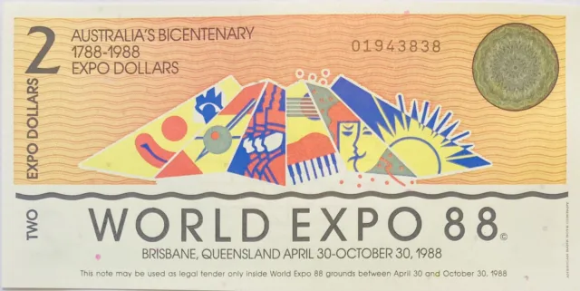 World Expo 1988 Brisbane, Australia 2 Old Dollars Australian Bicentennial A-Unc