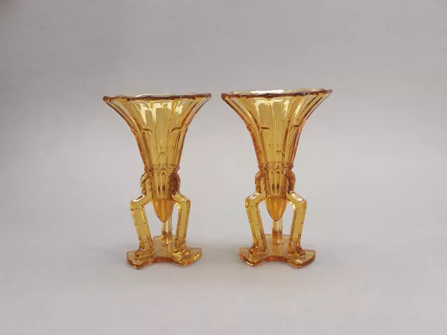 A Pair of Czech 1930's Art Deco Amber Glass Rocket Vases, Height 6.5 Inches.