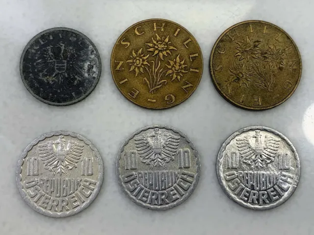 6 AUSTRIAN SHILLING COINS 1948-80 5 Groschen 1948 KM2875 1 Schilling 1963 KM2886