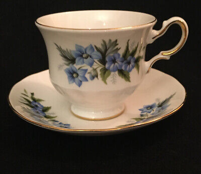 Queen Anne Bone China Blue Floral Tea Cup and Saucer Set Made in England
