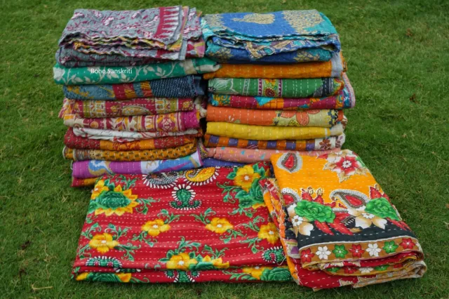 Vintage Kantha Bedspread Indian Handmade Quilt Throw Cotton Blanket Quilts