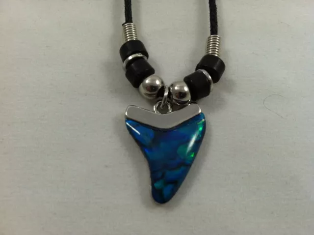 Natural Abalone Paua Shell Blue Shark Tooth Pendant Necklace Black Cord & Beads