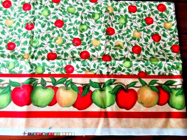 1 3/4 Yds Vtg Cranston Red Green Apples Leaves Cotton Fabric Country Farmhouse