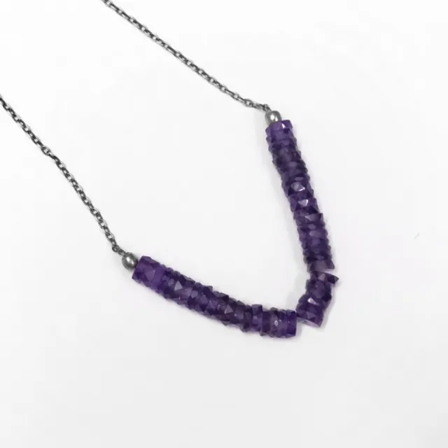 Natural Purple Amethyst Faceted Beads Heishi Tires Beaded Necklace 925 Silver.