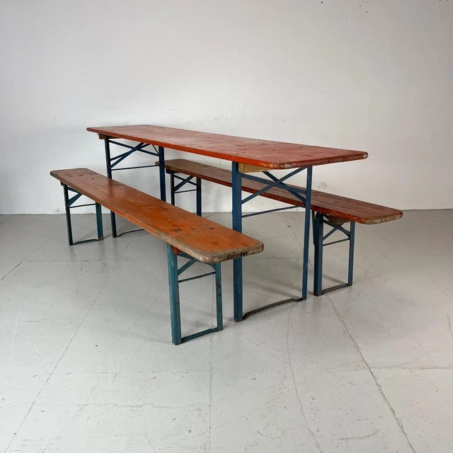 Vintage Industrial German Beer Table Bench Set Garden Furniture Orange