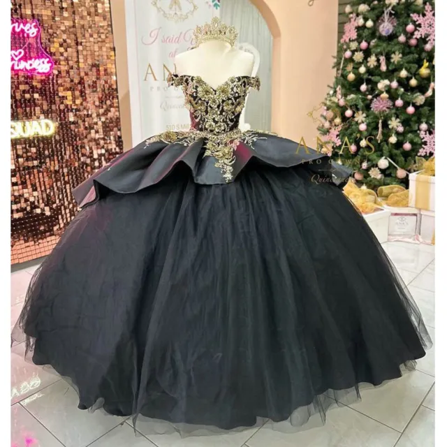 Princess Black Quinceanera Dresses Gold Appliques Sweet 15 16 Prom Ball Gowns