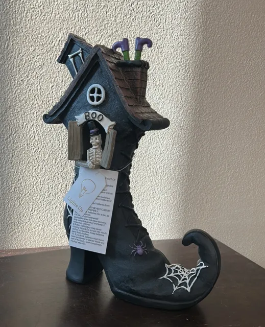 New Halloween Witch Boot House Light Up Skeleton Figurine Statue Tabletop 12"