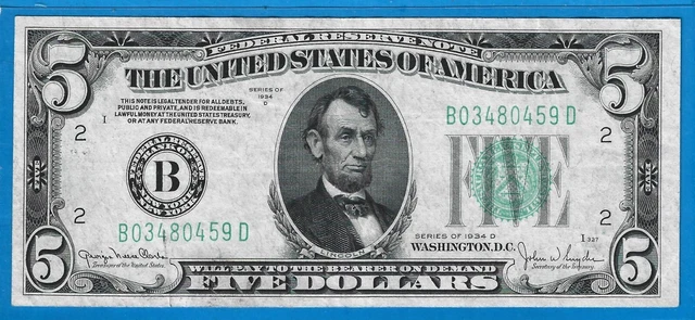 1934 D $5 FRN B-New York,Green Seal,Circ CH Crisp XF,Nice!