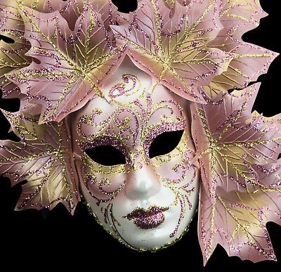 Mask from Venice Miniature Face Magnolia Leaves - Pink And Golden Antique 1868 3