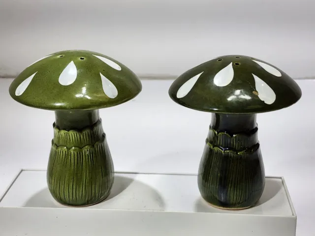 Mushroom Salt Pepper Shakers Green MCM Tall 5.5” Marked Japan Vintage