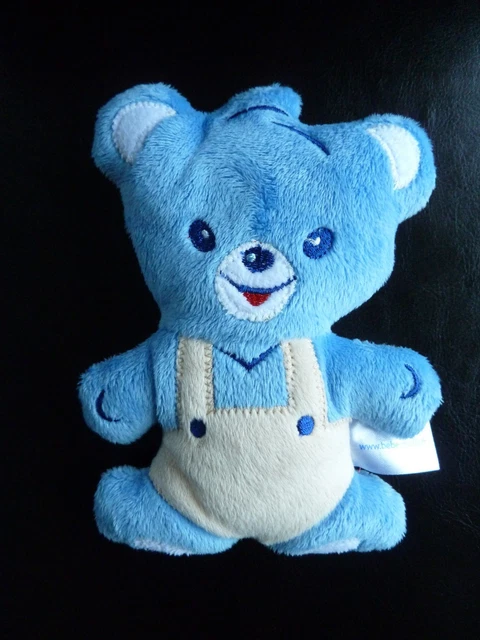 * Doudou Peluche Nestle Ours Bleu Ecru Rouge Salopette Beige Grelot - Etat Neuf*