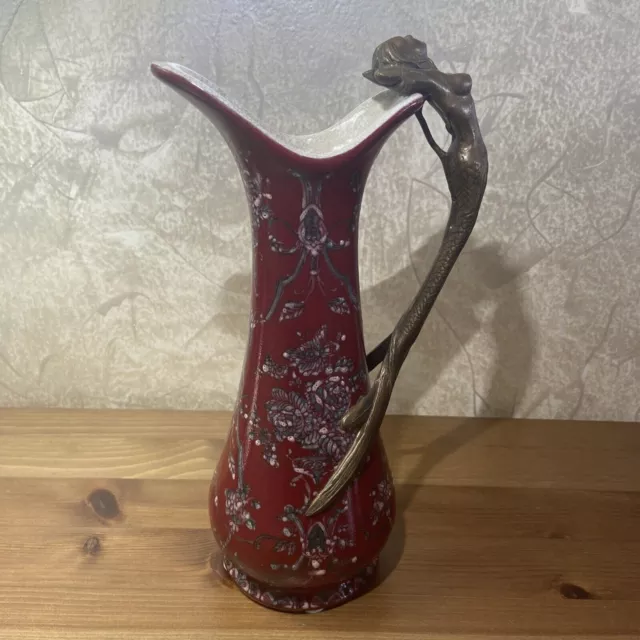 Wong Lee Red  Art Deco Porcelain & Bronze Mermaid  In Blossom Pitcher Vase