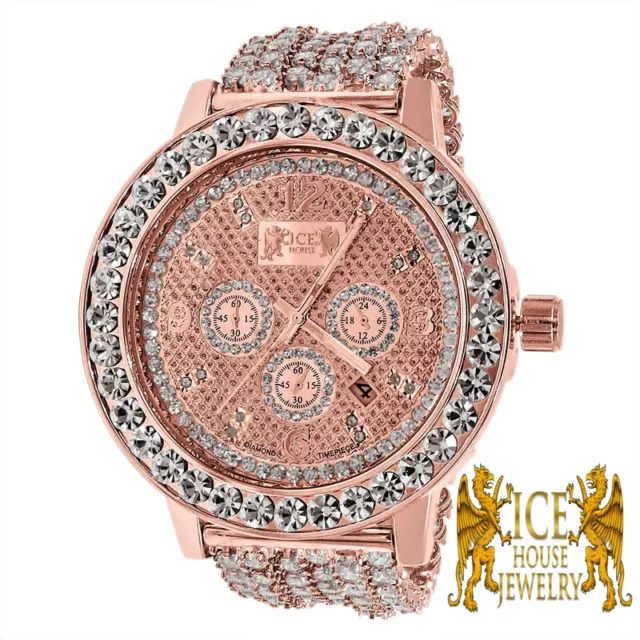 Genuine Diamond Khronos Round Cut 18k Rose Gold Tone Finish Men's Custom Watch