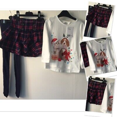 Girls cute checked skirt used & new tags H&M xmas top & new M&S tights 3-4 years