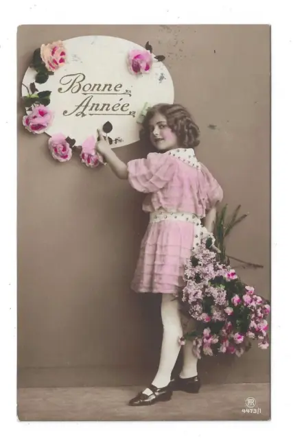 alte AK von 1914, Neujahr, Feldpost, Mädchen, Blumen, "Bonne Annee"