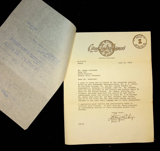 1970 ATSF SANTA Fe Railroad Lettre Kansas City MO au maire de Joplin