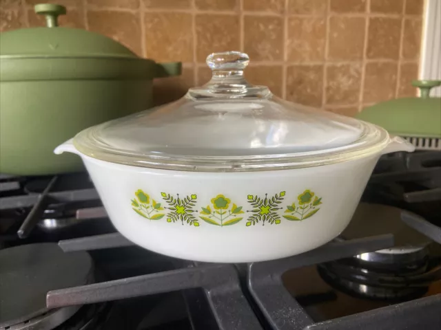 Anchor Hocking Fire King Meadow Green 437  1  1/2 Qt Casserole Dish With Lid