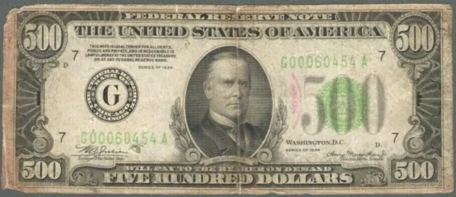 1934 $500 Federal Reserve Note - Five Hundred Dollar Bill Fr 2201 C - Free Ship!