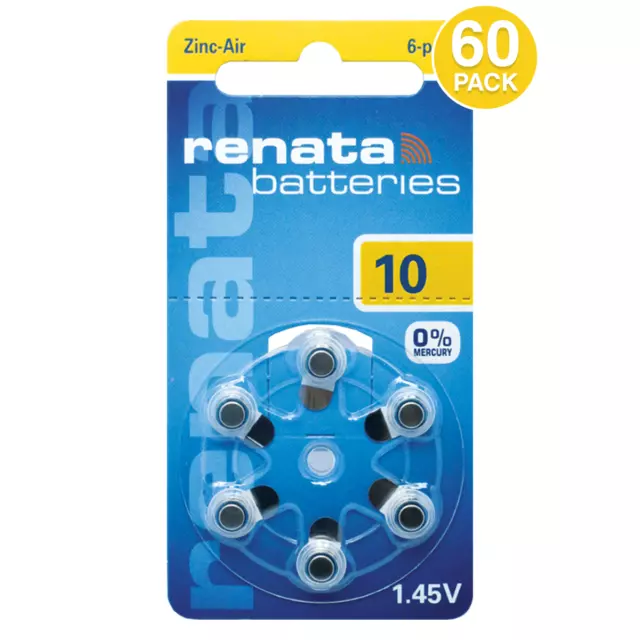 Renata Size 10 Hearing Aid Batteries Zinc Air 1.45V (60 Pack)