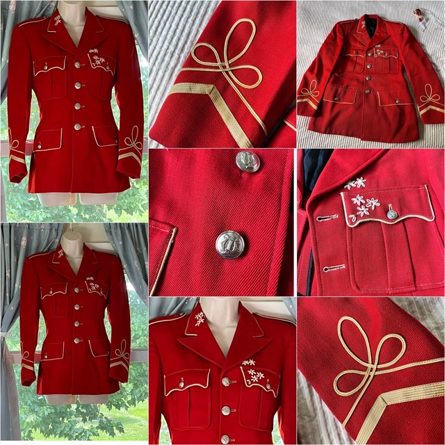 1960s ? High School MARCHING BAND JACKET Red w/Corded Trim & Added Embroidery