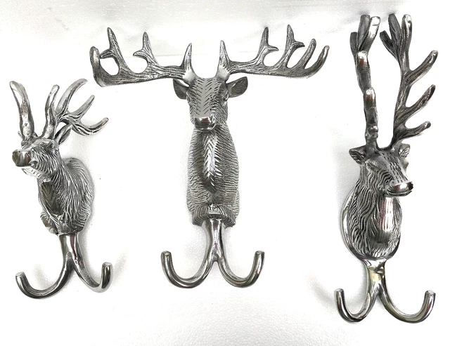 Large Set of 3 pieces Deer Head Decorative Wall Hooks Coat Hooks Gift Figurine