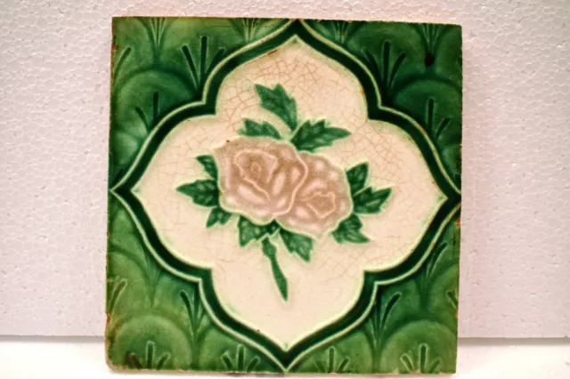 Antique Tile Majolica Art Nouveau Porcelain Floral Rose Design Wankaner Old "J63 2
