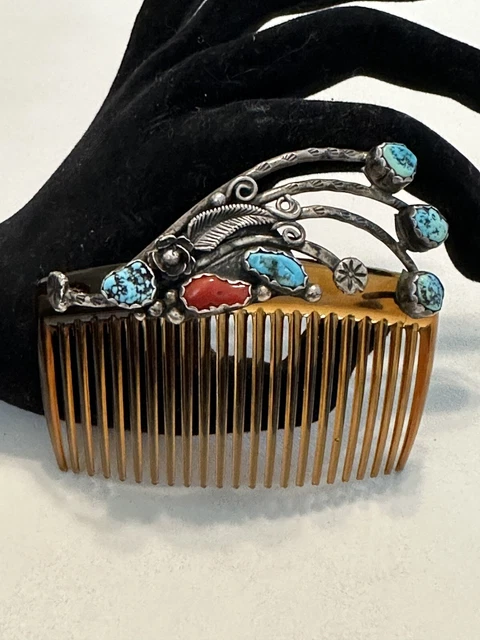 Vintage Navajo Zuni Ornament Hair Comb Kingman Turquoise Coral Hand Stamped