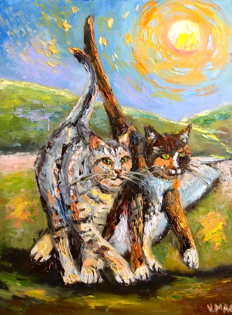 ORIGINAL OIL PAINTING Cat Impasto SURREALISM signed Landscape art 15x12 ...