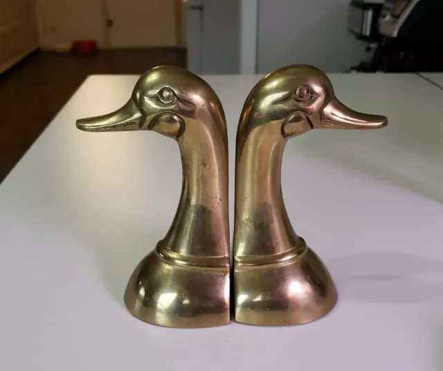 Mid-Century Brass 1960s Pair of Duck Head Bookends Vintage 6" Patina