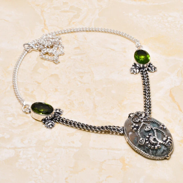 Indian Moss Agate, Peridot Gemstone Handmade Gift Jewelry Necklace 18" e372