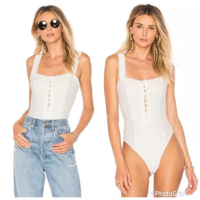 Free People Make Me Up White Lace Eyelet Tank Top Bodysuit Size Small