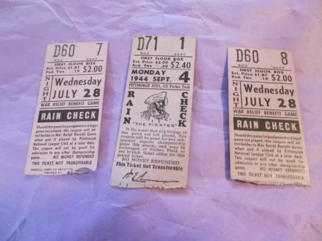 Sept 4 1944 Rain Check Tickets, Pittsburgh Pirates vs Chicago Cubs, Lot of 3