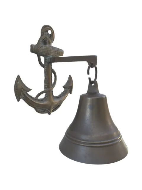Vintage Brass Hanging Anchor & Bell Ship Nautical Ocean Boat Wall Decor 8" H