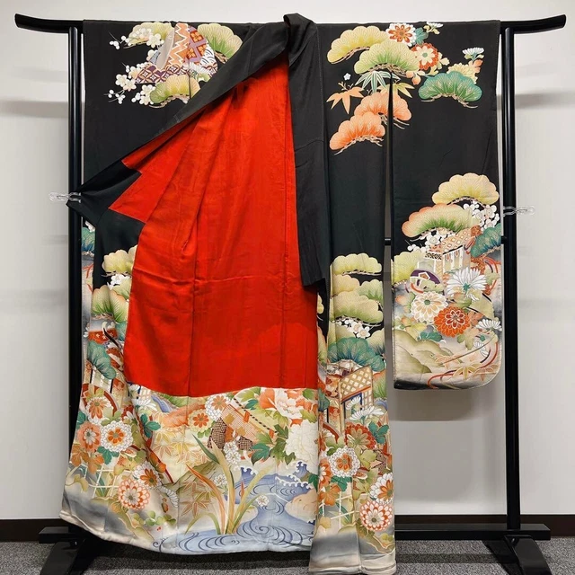 Woman Japanese Kimono Furisode Gold Koma Embroidery black from japan 2