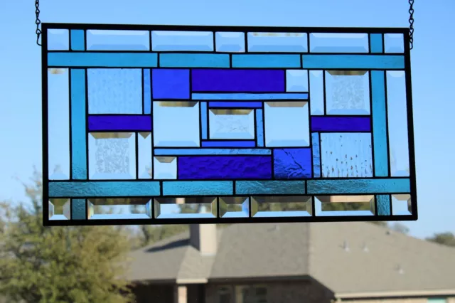 Beveled  Blue  Brilliance Stained Glass Panel 23 1/2" x 12 3/8" Window Hanging