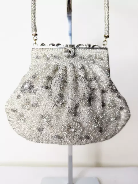 Vintage Beautiful Japanese Kimono Silver Beaded Handbag with Clasp 3