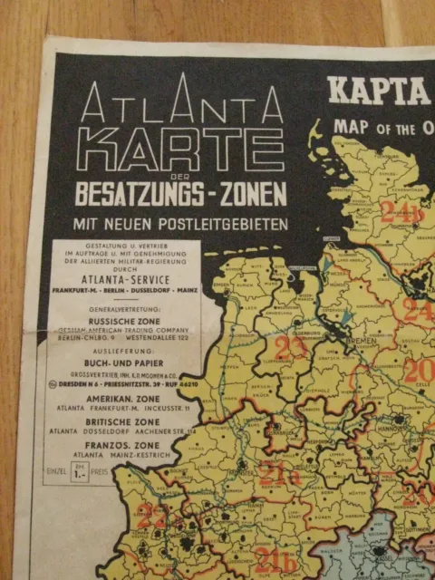 alte Atlanta Karte der Besatzungs Zonen mit neuen Postleitgebieten um 1946 2