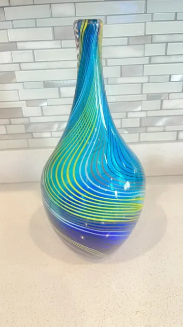 Vintage 16” Handblown Art Glass Vase With Swirls