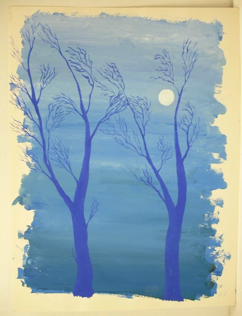 Aquarellle Árboles Azules Y Completa Luna Watercolor Azul And Full Moon 32 CM