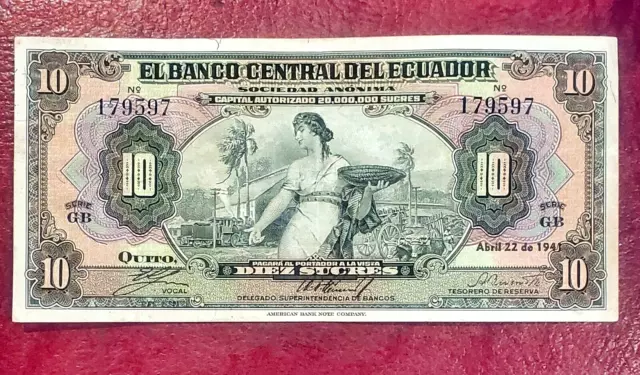 ECUADOR ~10 SUCRES 1941 ~ P-92a ~ SCARCE TYPE ~ CHOICE FRESH EXTREMELY FINE NOTE