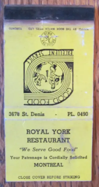 1940s CANADIAN TAX STAMP MATCHBOOK COVER: ROYAL YORK MONTREAL QC MATCHCOVER -D30