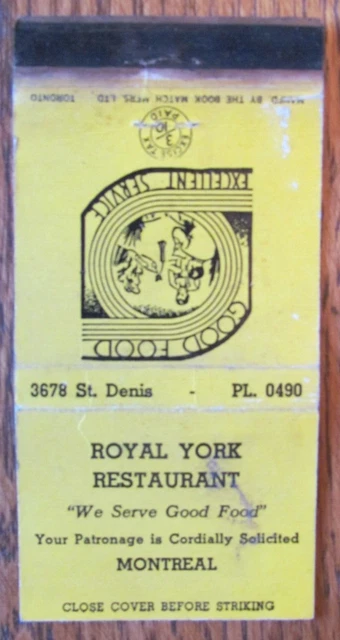 1940s CANADIAN TAX STAMP MATCHBOOK COVER: ROYAL YORK MONTREAL QC MATCHCOVER -D30