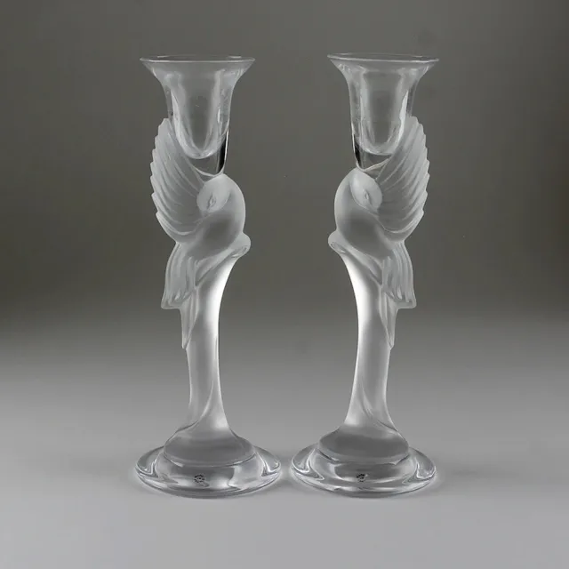 Pair of  Igor Carl Faberge (France) Frosted Dove Crystal Candlesticks Signed