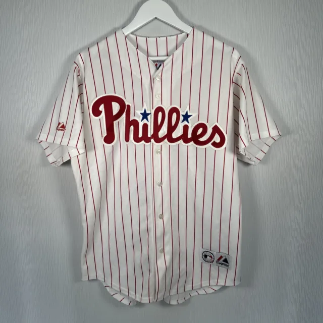 Majestic Phillies Vintage MLB Baseball Jersey Shirt #11 ROLLINS Red Pin Stripe M
