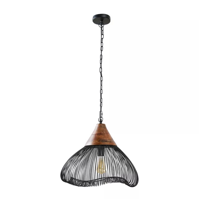 Large Black Ceiling Light Fitting Metal & Wood Wire Pendant LED Bulb Lighting