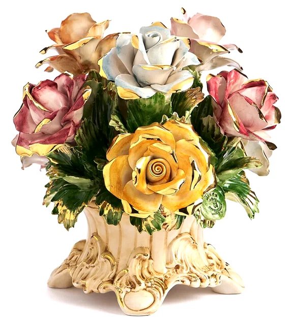 VASE AVEC POIGNÉES et Fleurs Porcelaine Italienne Capodimonte Or Peint