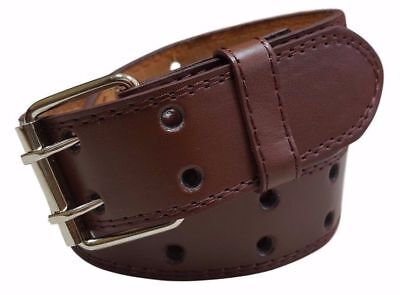 Men's Women's Genuine Leather Two Prong Double Row Holes Casual Plain Brown Belt