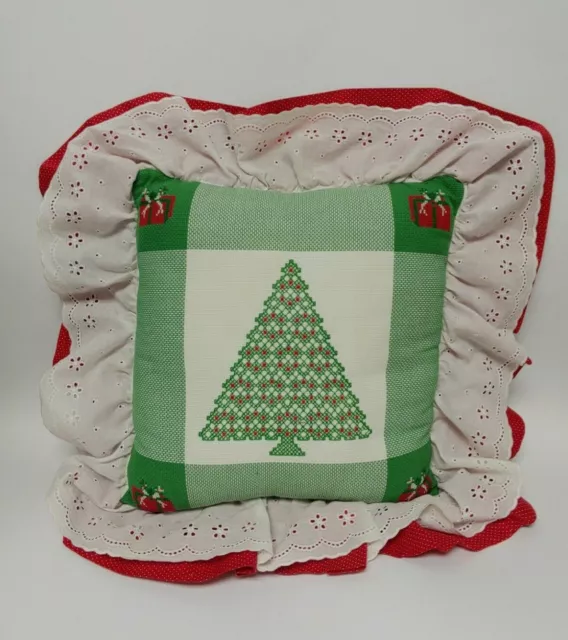 Needlepoint Christmas Tree  Pillow Ruffled Edges Pristine Beautiful!