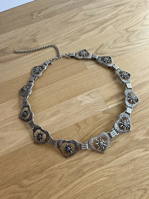 VINTAGE Italy costume tradizionale cintura a catena metallo argento cuore bianco pregiato