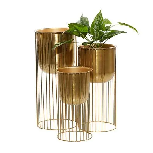 Set of 3 Metal Contemporary Planter 16, 21, 24 Inches Large Gold